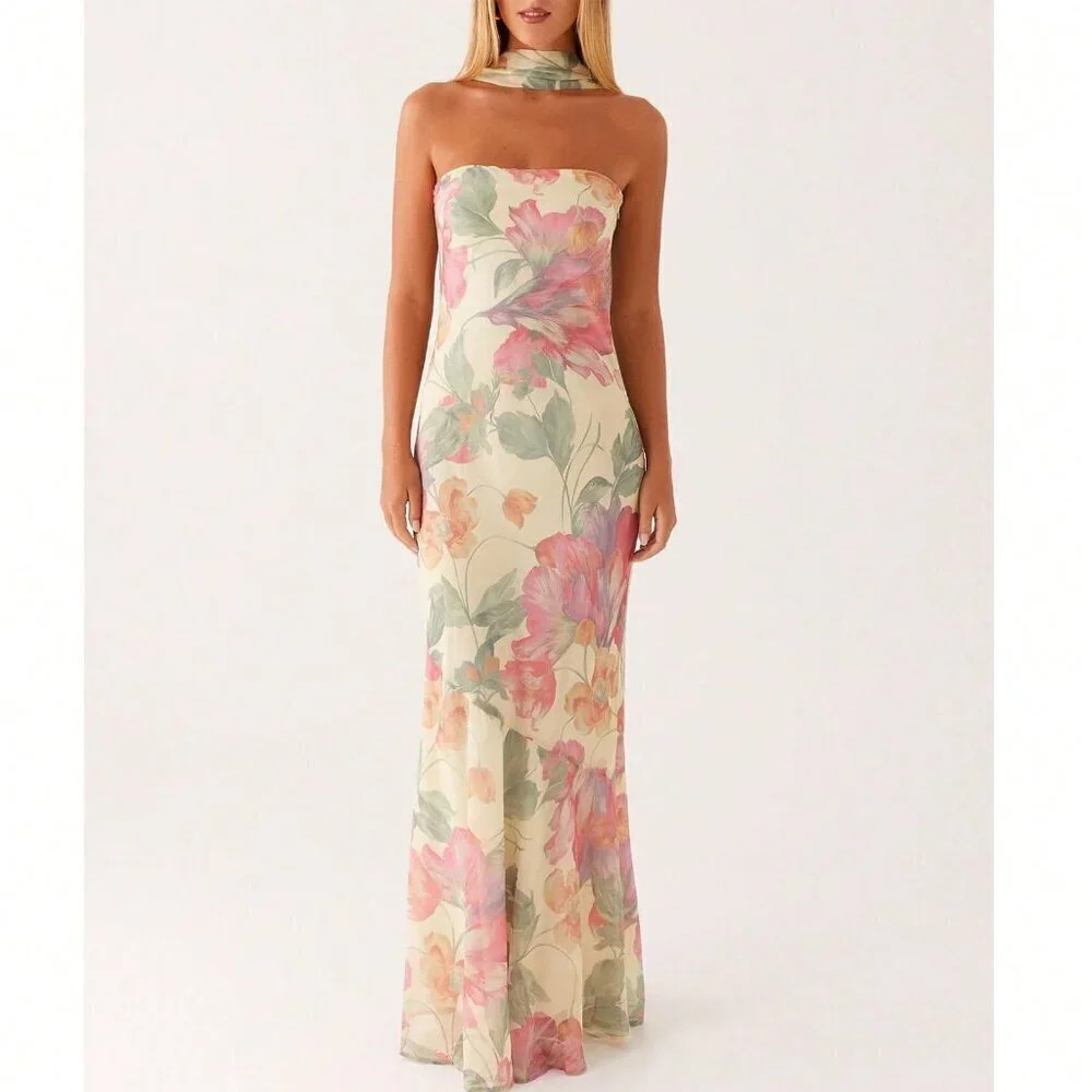 Pink Elegant Women's Floral Strapless Dress Y2k Backless Sleeveless Tube - Picture 2 of 7